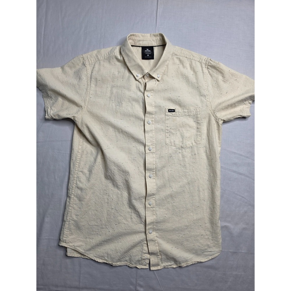 Rip Curl Shirt Men's M Beige Herringbone Short Sleeve Button-Down Everyday Wear